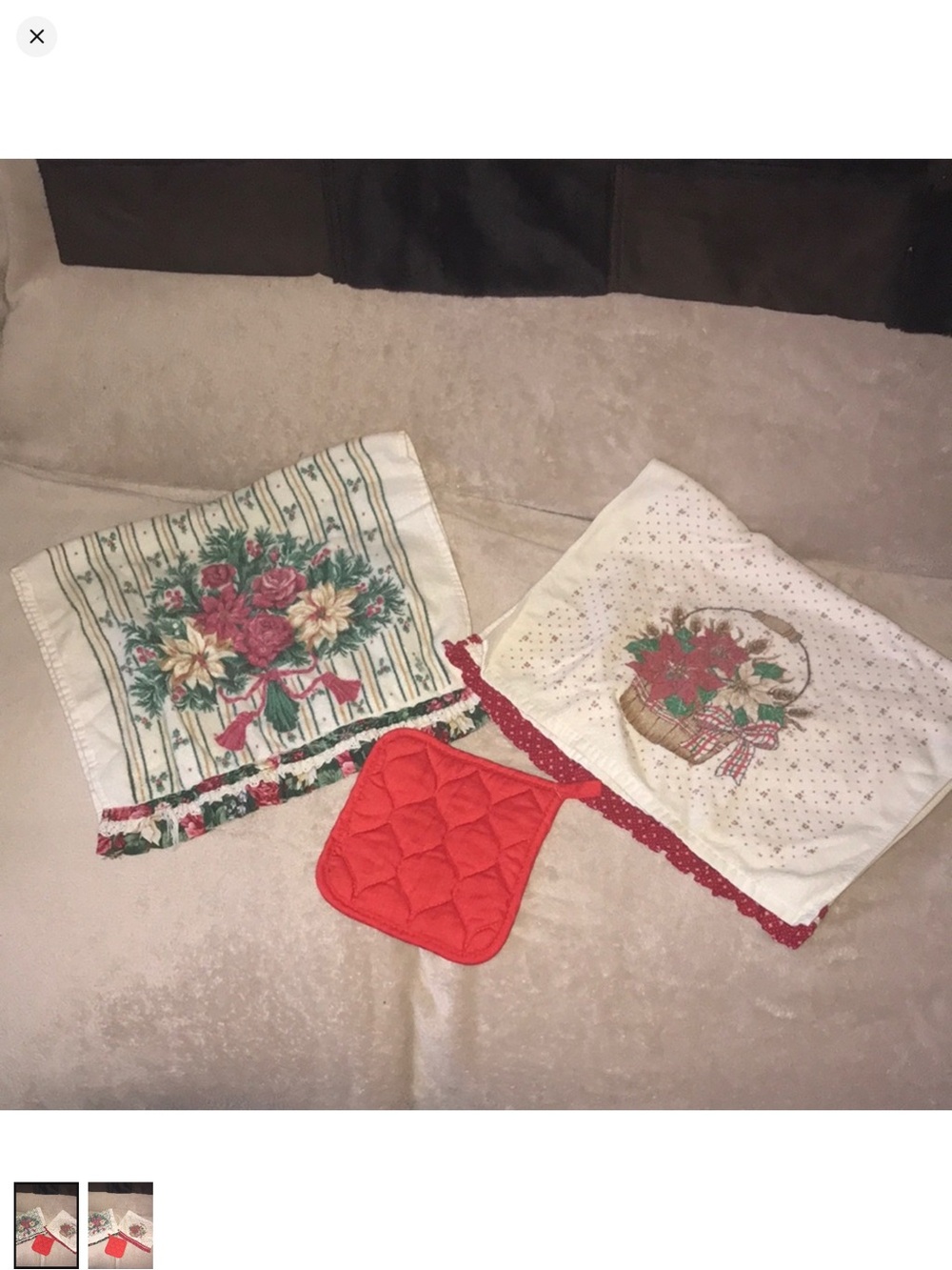 Christmas themed Festive Floral Kitchen Towels & Red Quilted Pot Holder Set
